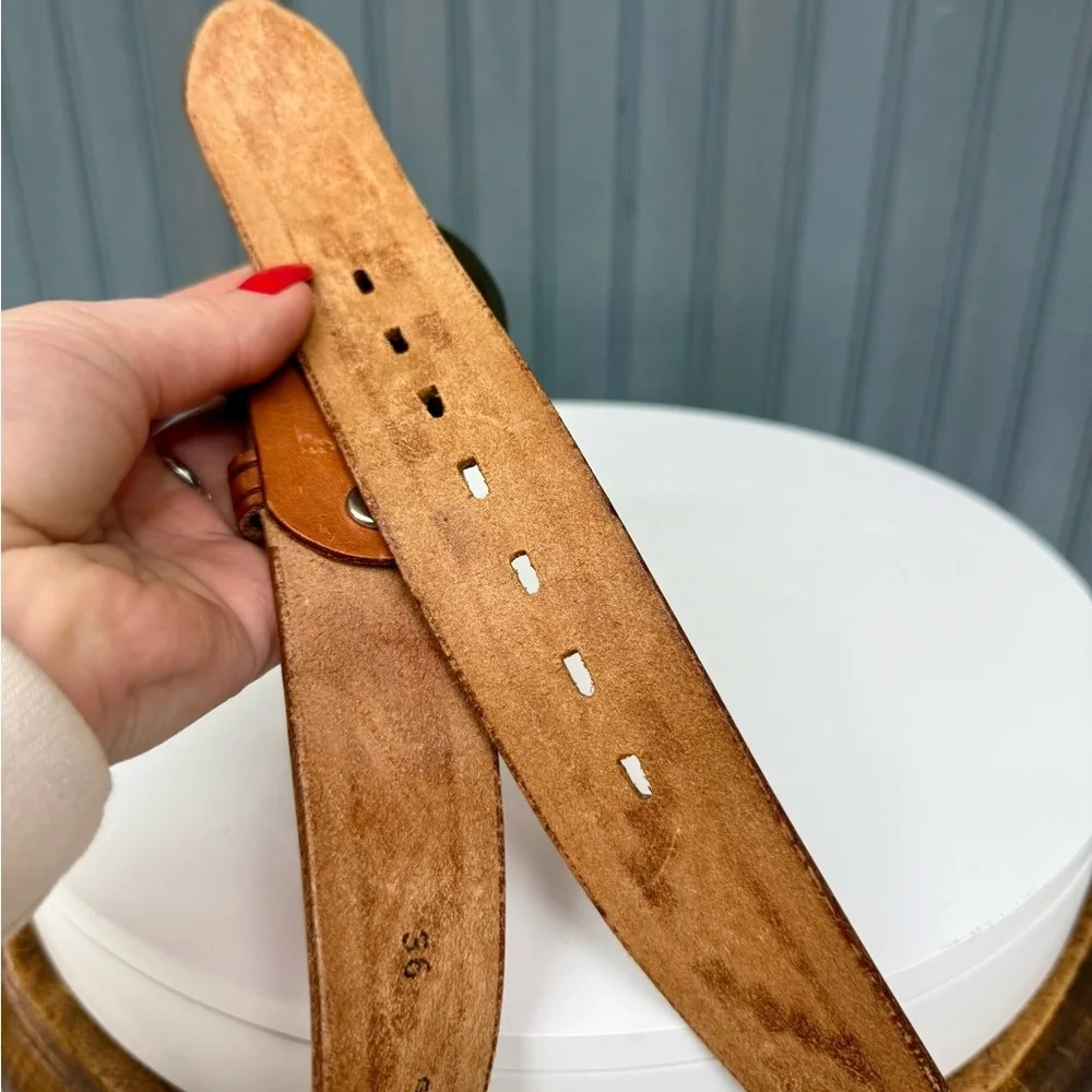 Vintage Chambers Leather Western Belt Tan Tooled Painted Brass Cowboy Buckle